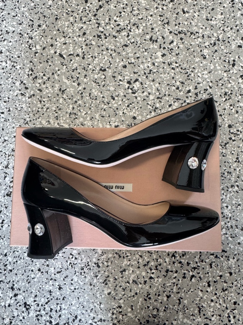 MIU MIU Patent black Leather Crystal Embellishments block heels pumps 39